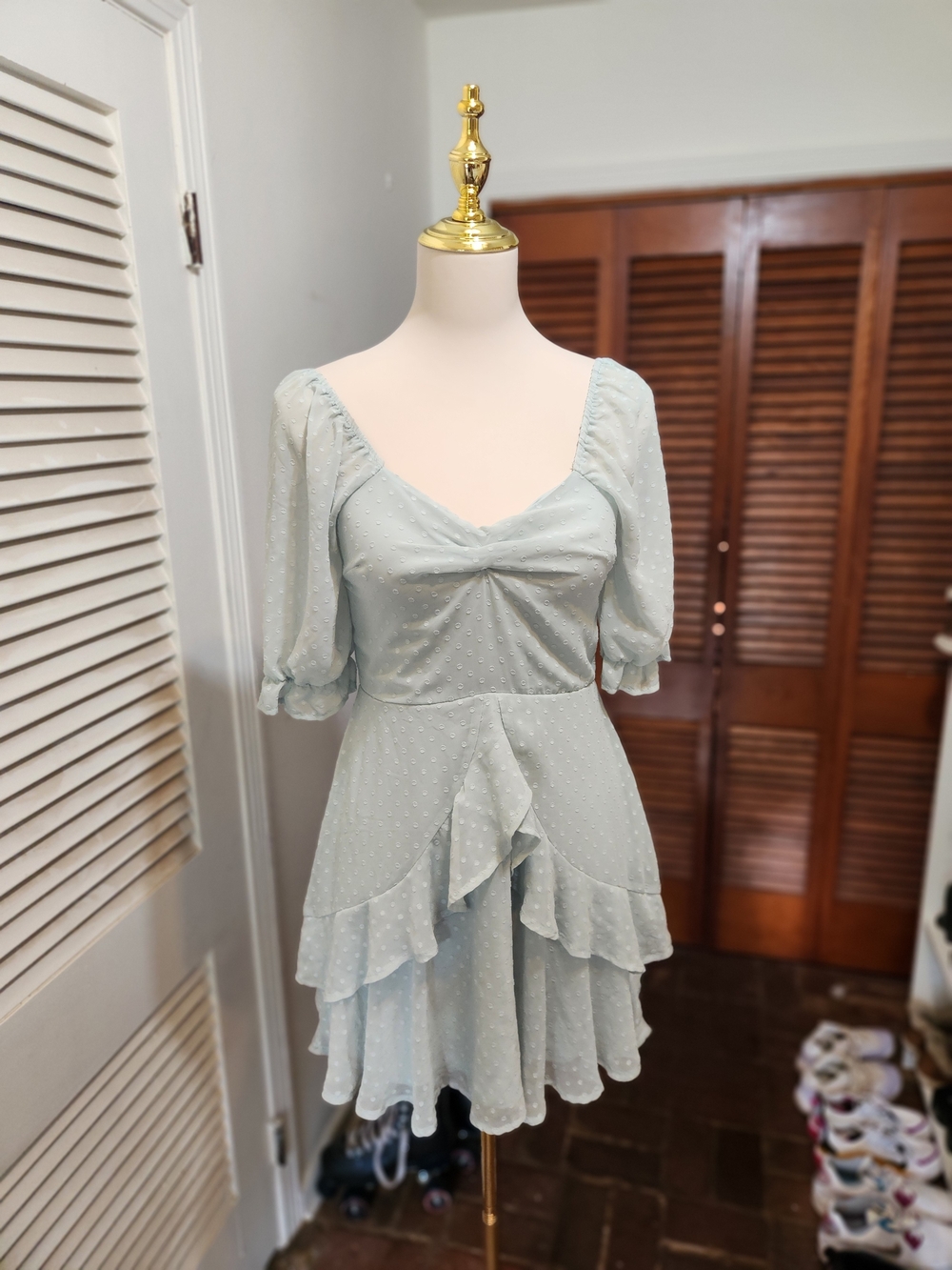Light Blue Puff Sleeve Ruffle Mini Dress - Picture 2 of 12